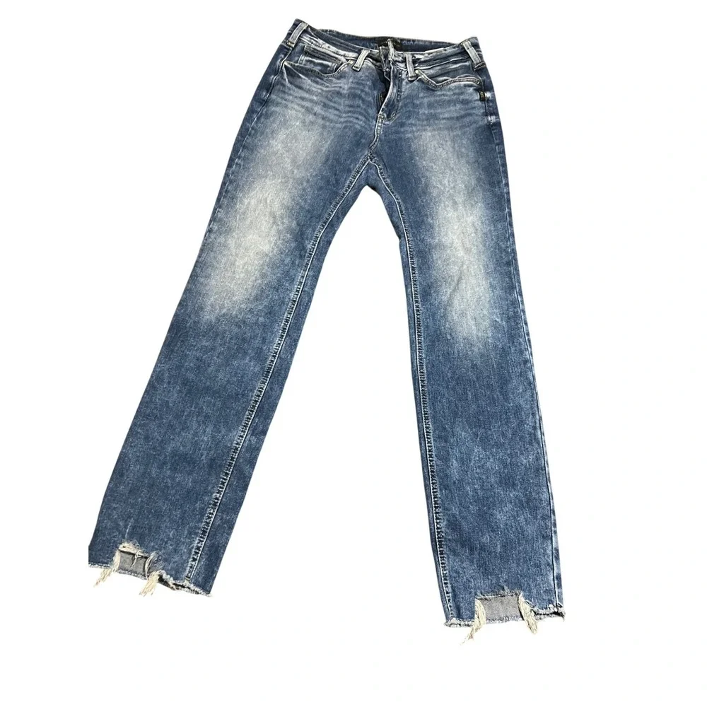 Silver Jeans Co Suki Straight Mid Rise Acid Wash Raw Hem Jeans‎ L93413EPX335 W32